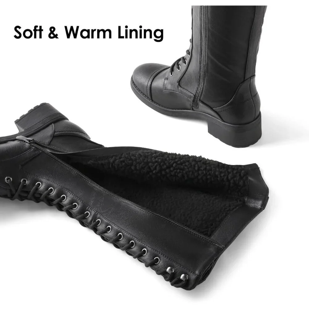 Women's Polyurethane Pu Georgia-Black Double buckle Knee High Riding Combat Boot